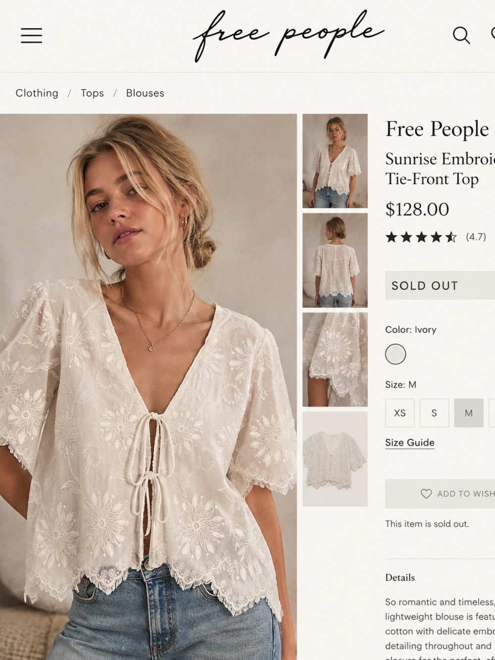 Free People Ivory Embroidered Tie-Front Blouse